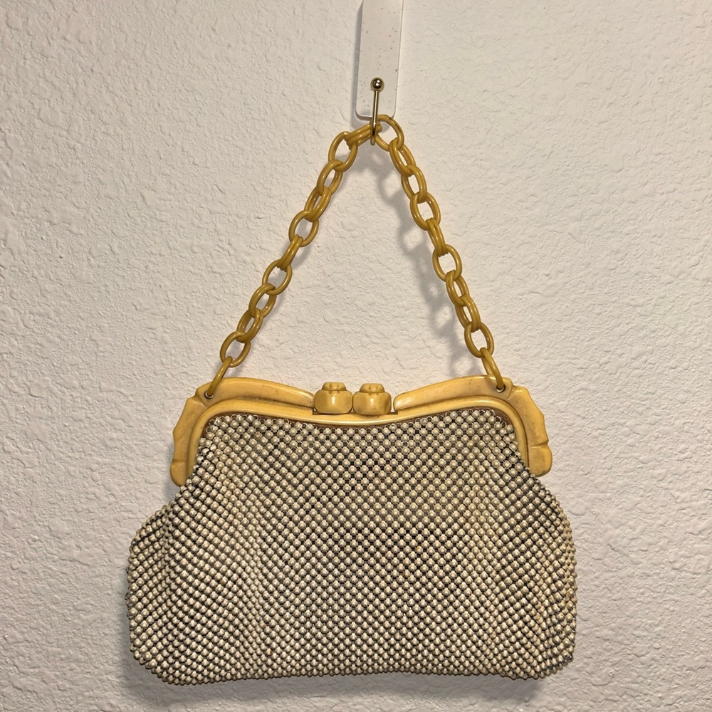Whiting & Davis Ivory Enamel Mesh Handbag w Bakelite Chain and Frame, 1940s